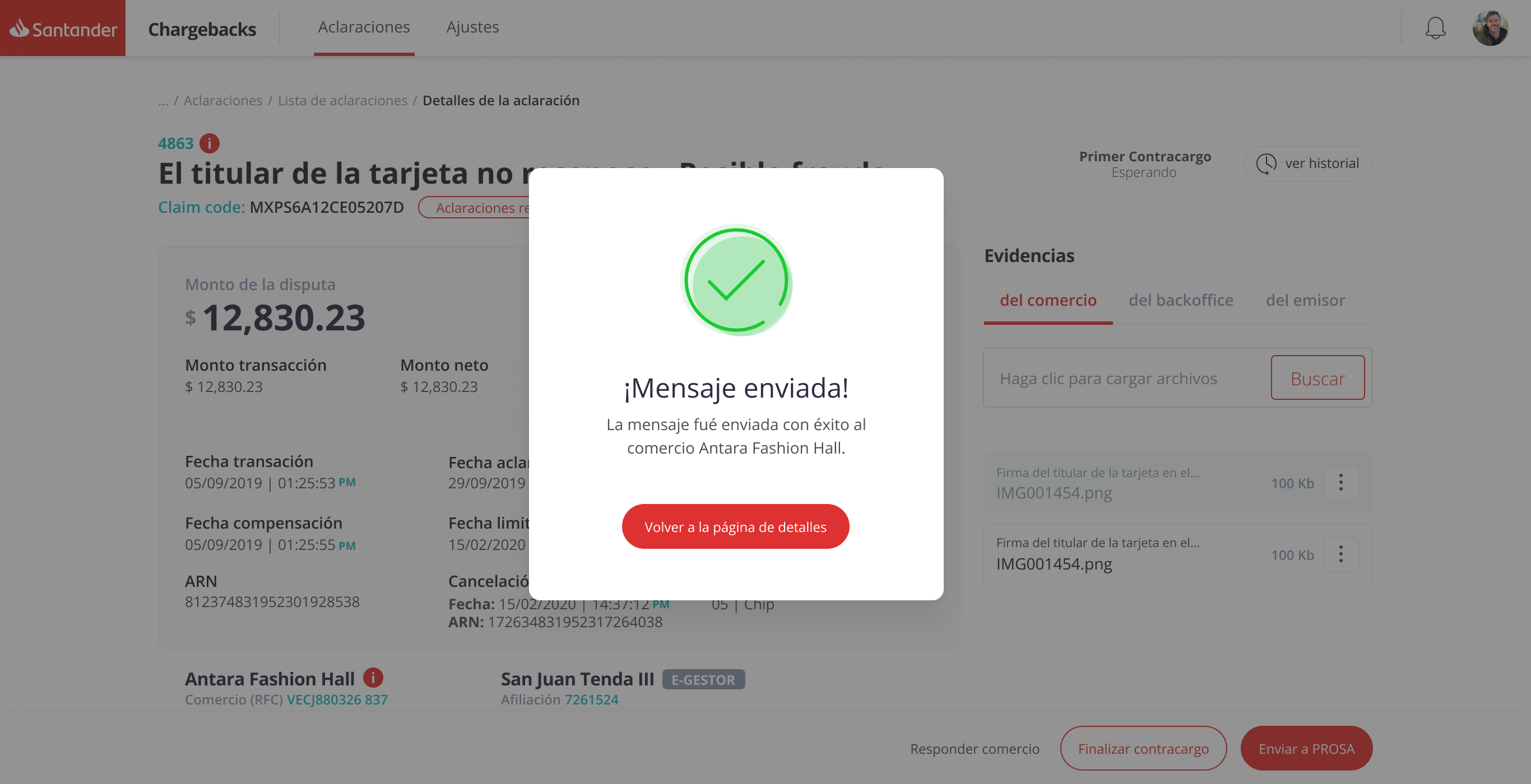 Chargeback detail view